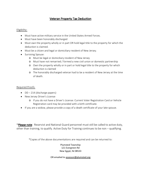 First page of the Veterans Property Tax Deduction Claim