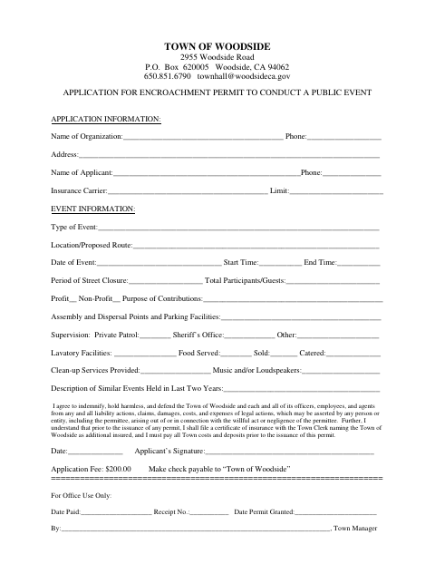 First page of the Application for Encroachment Permit to Conduct a Public Event