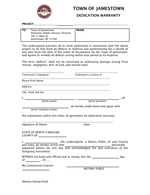 First page of the Dedication Warranty