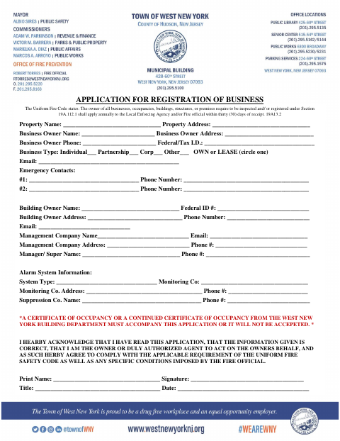 First page of the Application for Registration of Business