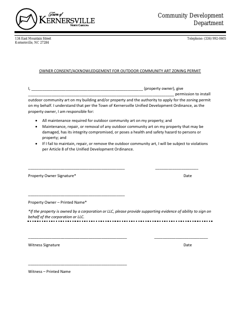 First page of the Owner Consent/Acknowledgement for Outdoor Community Art Zoning Permit