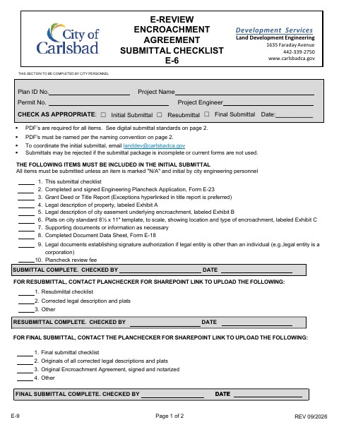 First page of the Encroachment Agreement Submittal Checklist (E-6)