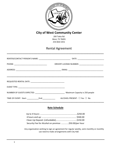 First page of the Community Center Rental Agreement