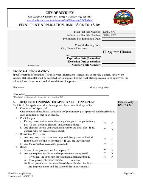 First page of the Final Plat Application