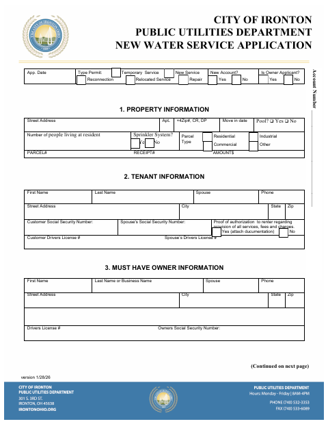 First page of the New Water Service Application