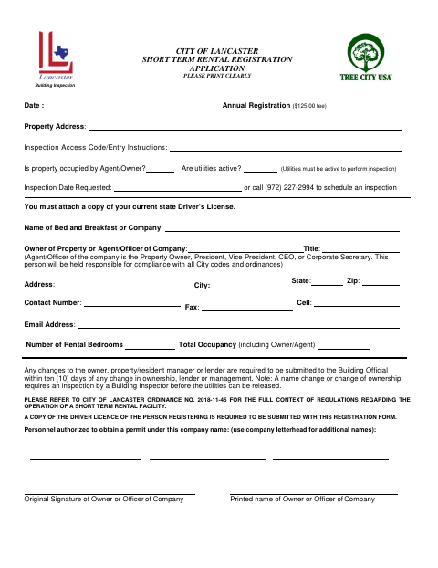 First page of the Short Term Rental Registration Application