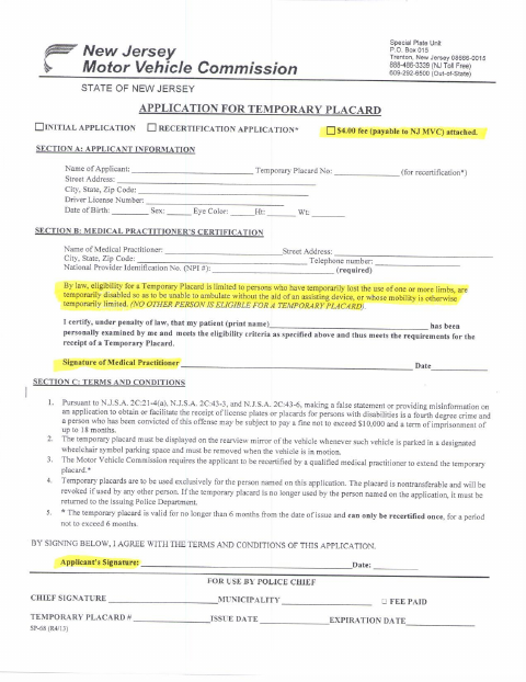 First page of the Temporary Handicap Placard Application