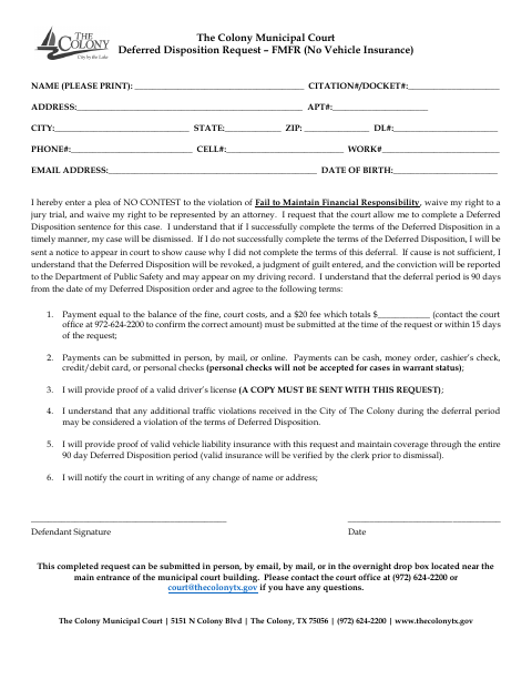 First page of the Deferred Disposition Request – FMFR (No Vehicle Insurance)