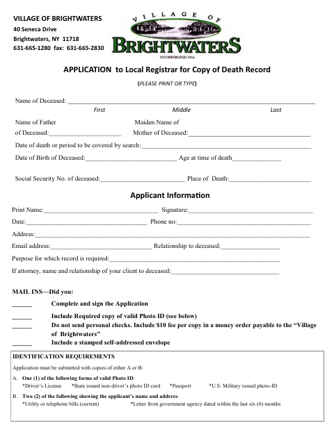 First page of the Application for Copy of Death Record