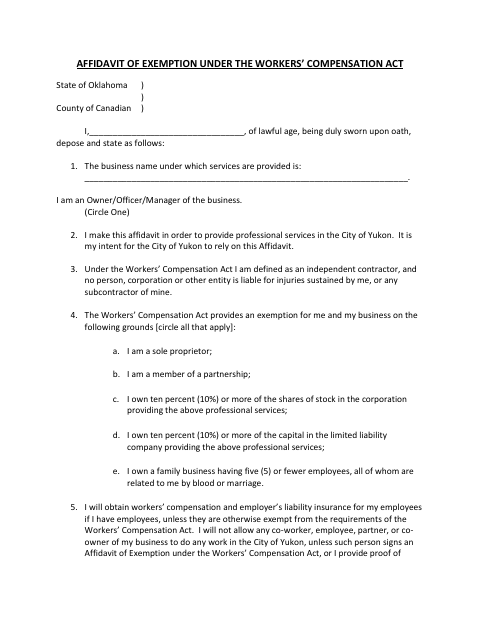 First page of the Affidavit of Exemption Under the Workers’ Compensation Act