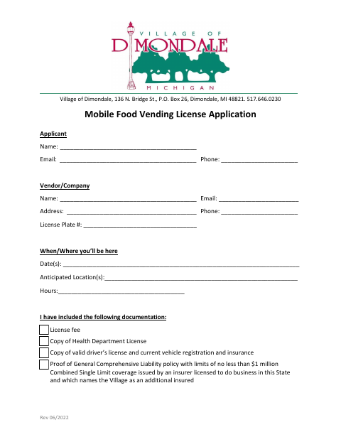 First page of the Mobile Food Vending License Application