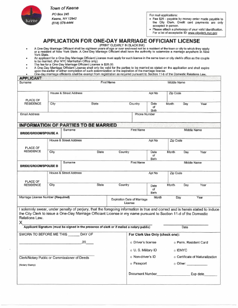 First page of the One-Day Marriage Officiant License Application