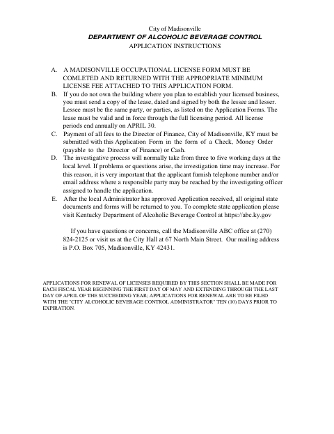 First page of the Alcoholic Beverage License Application