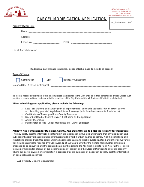 First page of the Parcel Modification Application
