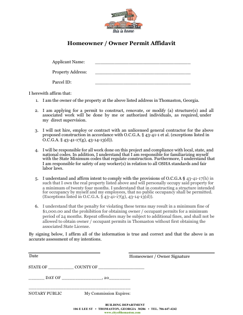 First page of the Homeowner / Owner Permit Affidavit