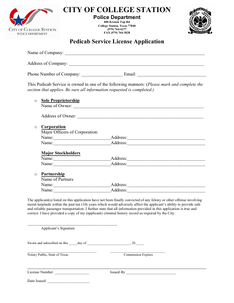 First page of the Pedicab Service License Application
