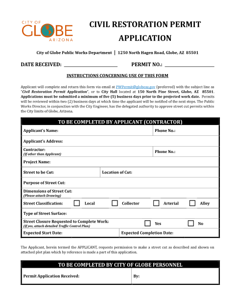 First page of the Civil Restoration Permit Application
