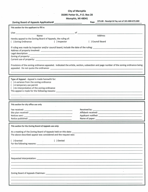 First page of the Zoning Board of Appeals Application