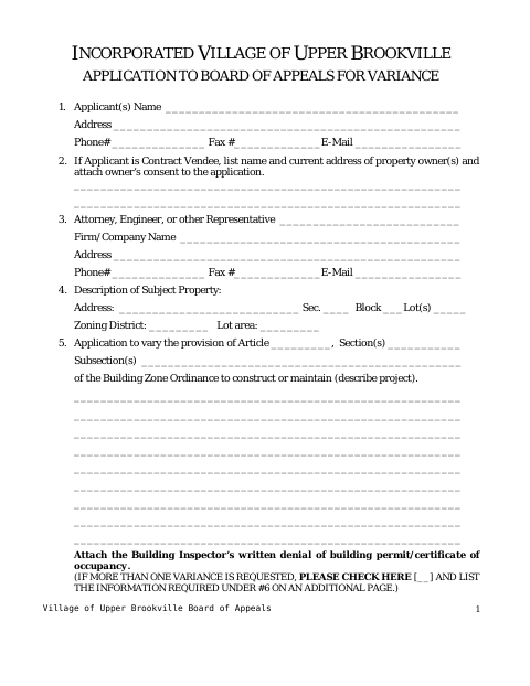 First page of the Application to Board of Appeals for Variance