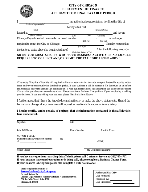 First page of the Affidavit for Final Taxable Period