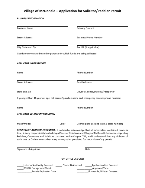 First page of the Solicitor/Peddler Permit Application