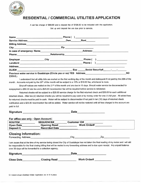 First page of the Residential / Commercial Utilities Application