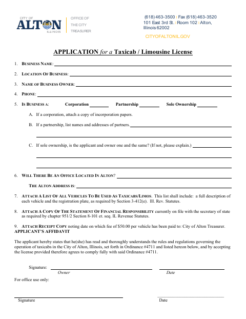 First page of the Taxicab/Limousine License Application