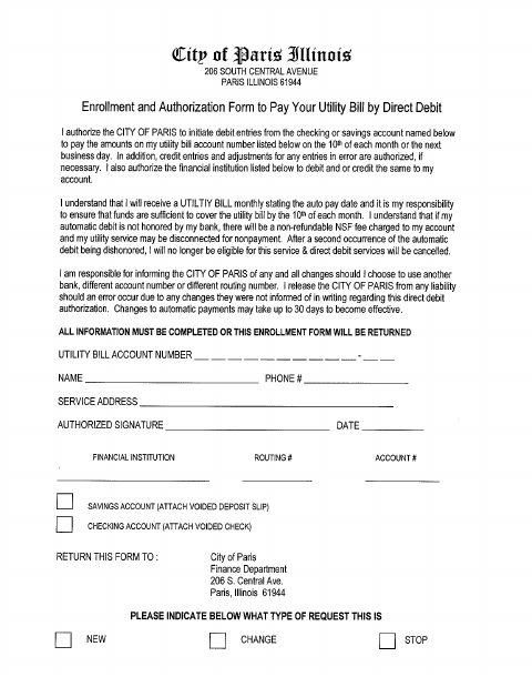 First page of the Direct Debit Authorization Form