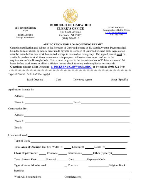 First page of the Application for Road Opening Permit