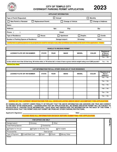 First page of the Overnight Parking Permit Application