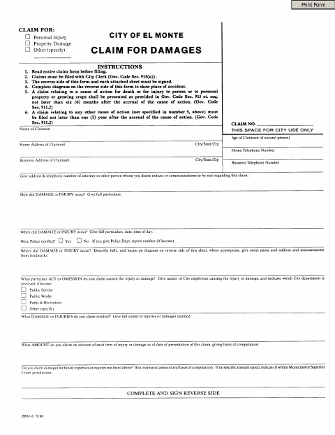 First page of the Claim for Damages Form