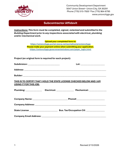 First page of the Subcontractor Affidavit