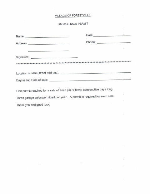 First page of the Garage Sale Permit