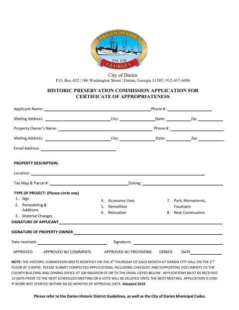 First page of the Certificate of Appropriateness Application
