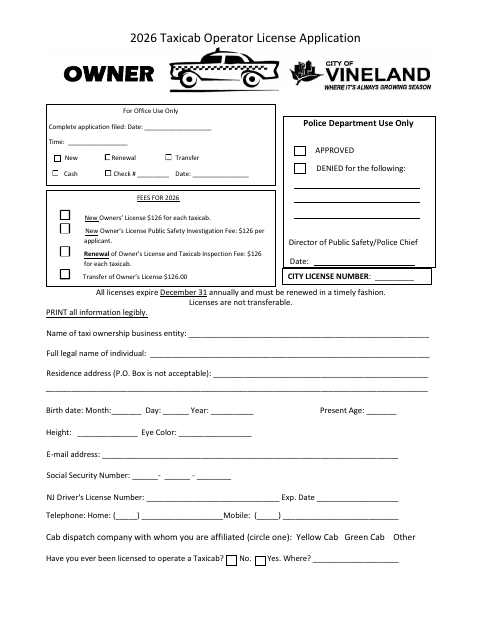 First page of the Taxicab Owner License Application