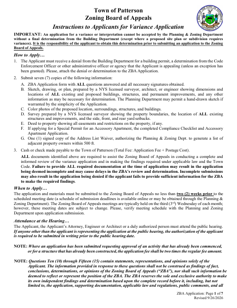 First page of the Zoning Board of Appeals Application