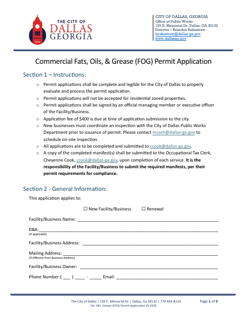 First page of the Commercial Fats, Oils, and Grease Permit Application