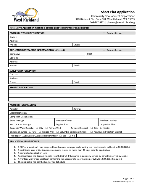 First page of the Short Plat Application