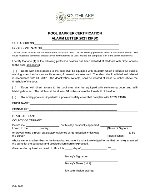 First page of the Pool Barrier Certification Alarm Letter