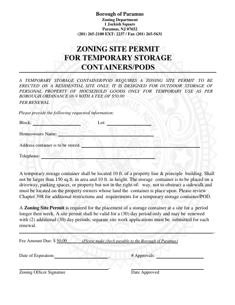 First page of the Zoning Site Permit for Temporary Storage Containers/PODS