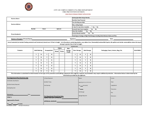 First page of the High Piled Storage Permit Application