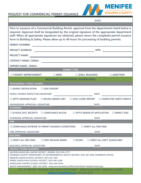 First page of the Request for Commercial Permit Issuance