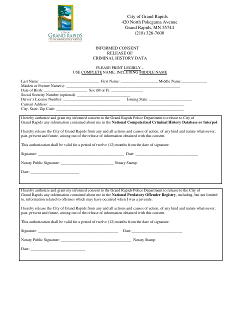 First page of the Informed Consent Release of Criminal History Data