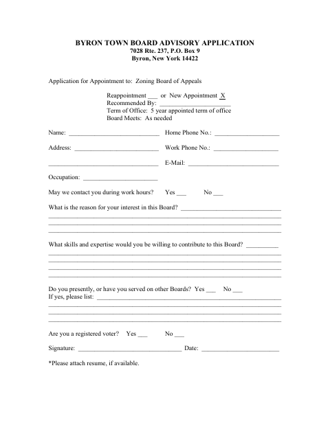 First page of the Town Board Advisory Application