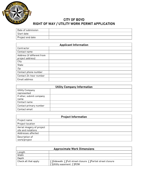 First page of the Right of Way / Utility Work Permit Application