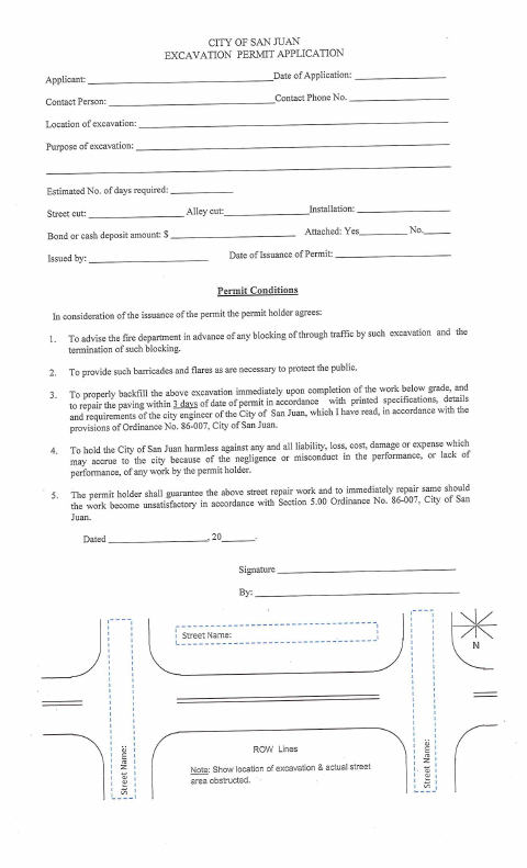 First page of the Excavation Permit Application