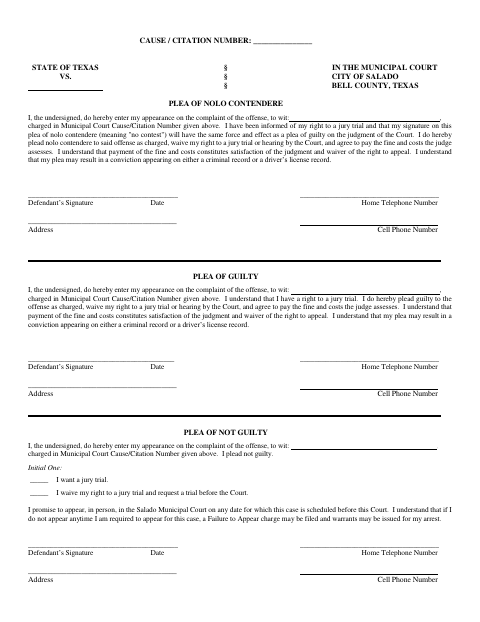 First page of the Municipal Court Plea Form