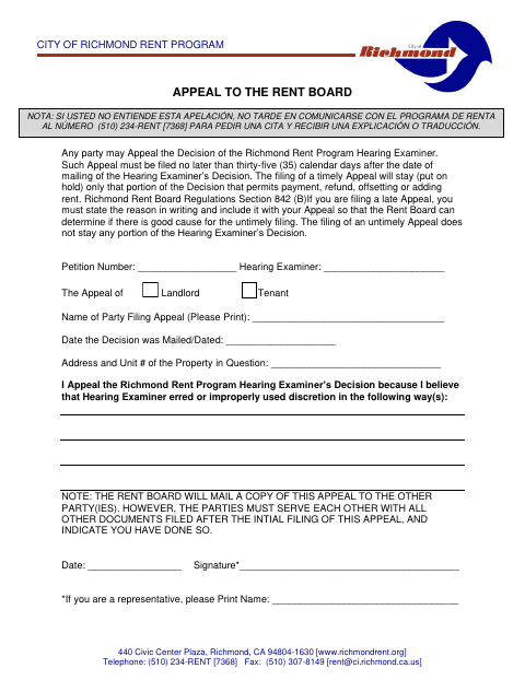 First page of the Appeal to the Rent Board