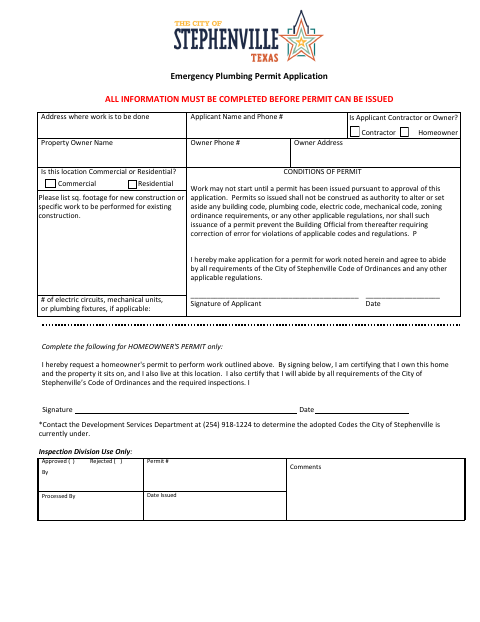 First page of the Emergency Plumbing Permit Application