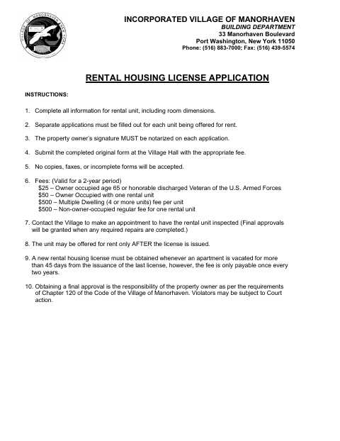 First page of the Rental Housing License Application